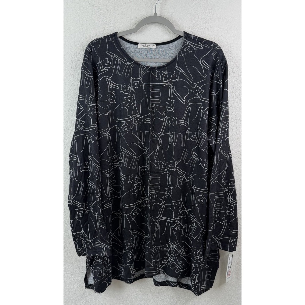 Jess & Jane Kit Cat Tunic Top 2X Black Cat Print Sharkbite Made USA Whimsy NWT